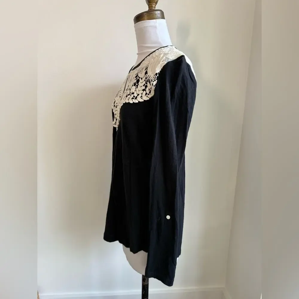 ANTHROPOLOGIE MEADOW RUE BLACK AND WHITE LACE LONG SLEEVE TOP SMALL